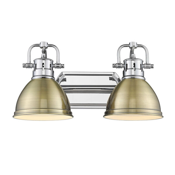 Duncan Chrome Two-Light Bath Vanity with Aged Brass Shades, image 2